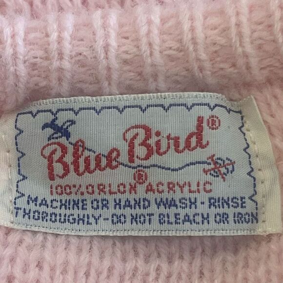 Vintage Blue Bird Girls Pink Heart Graphic Button Front Sweater Fringe BottomCap - Picture 5 of 5